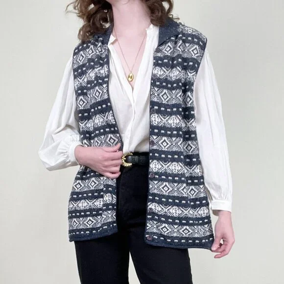 Vintage Oversized Fair Isle Sweater Vest Cardigan Eclectic Coastal Scandinavian - Picture 5 of 9